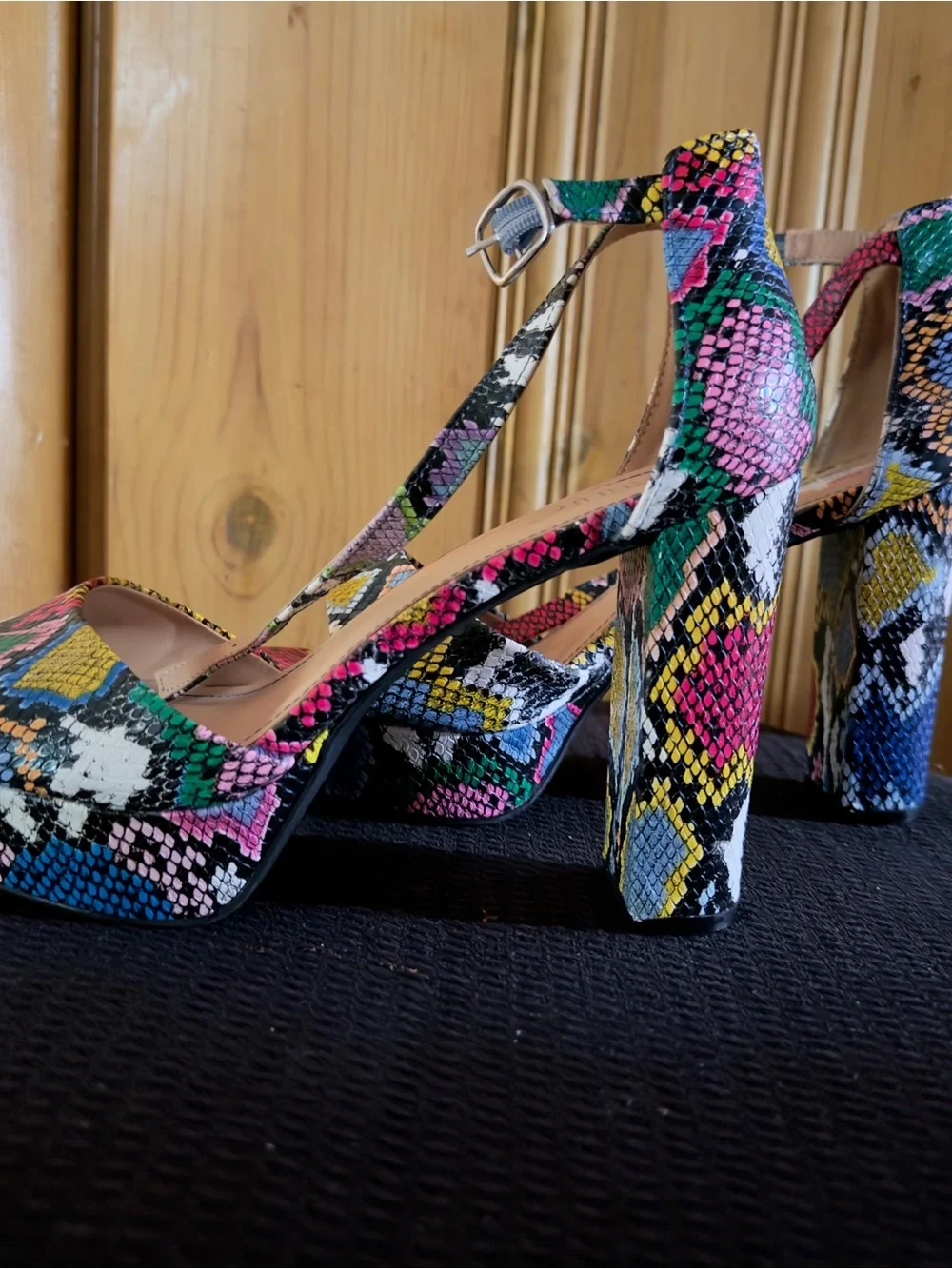 Size 10 Colorful Snake-Print Block Platform Size Heel Sandals - Women